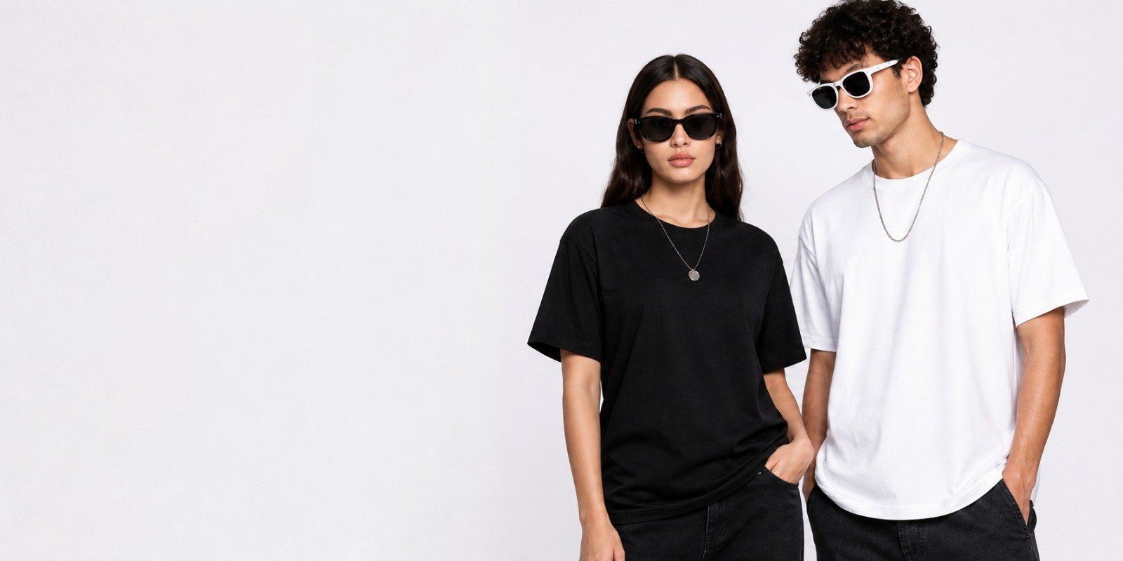 Models wearing premium black and white T-shirts